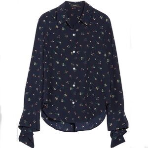 Theory Silk Tie Cuff Floral Print Button-Up Blouse